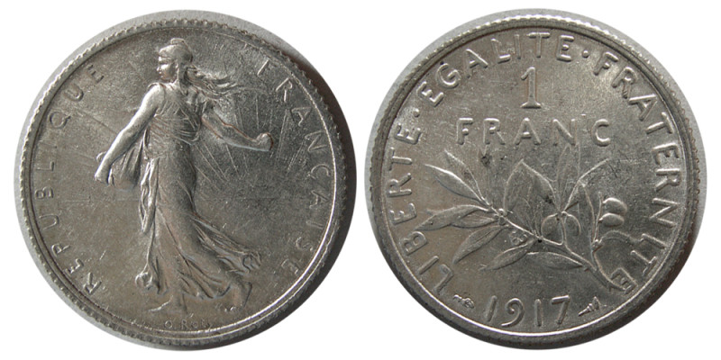 FRANCE, REPUBLIC. 1917. Silver One franc (4.96 gm; 23 mm). Choice UNC. Fully lus...