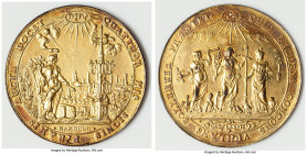Hamburg. Free City gilt-copper "Bankportugaloser" (Medal) 1677-Dated XF, as Gaed-1609 (later cast). By J. Reteke. QUATTUOR HIS SIGNIS PYRAMIS AUCTA DO...
