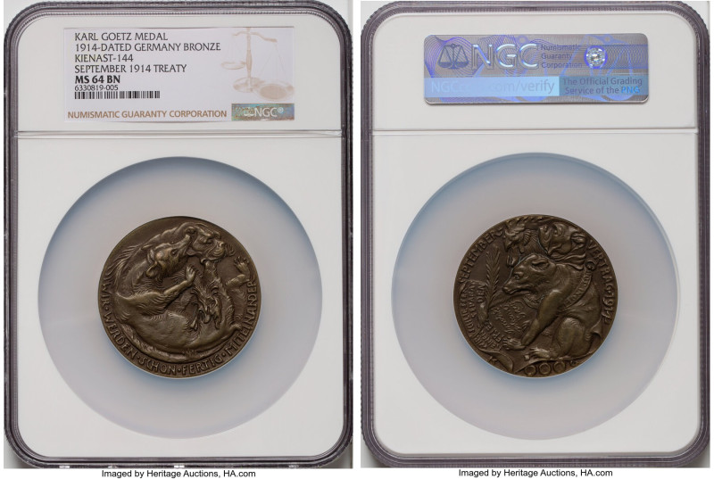 Wilhelm II bronze "Treaty of September 1914" Medal 1914-Dated MS64 Brown NGC, Ki...