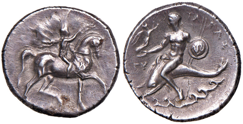 CALABRIA Taranto Didramma (circa 280-272 a.C.) Cavaliere al passo verso d. coron...