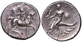 CALABRIA Taranto Didramma (circa 280-272 a.C.) Cavaliere al passo verso d. corona il proprio cavallo - R/ Taras su delfino verso s. - cfr. Vlasto 773-...