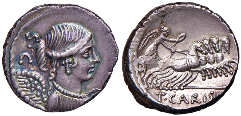 MONETE ROMANE REPUBBLICANE Carisia - T. Carisius - Denario (46 a.C.) Busto della...