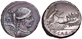 MONETE ROMANE REPUBBLICANE Carisia - T. Carisius - Denario (46 a.C.) Busto della Vittoria a d. - R/ La Vittoria su quadriga a d. - B. 2; Cr. 464/4 AG ...