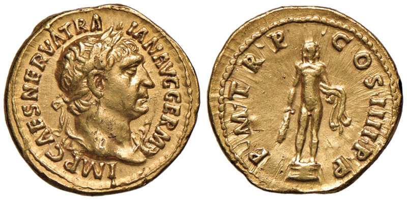 Traiano (98-117) Aureo - Testa laureata a d. - R/ Ercole stante di fronte con cl...