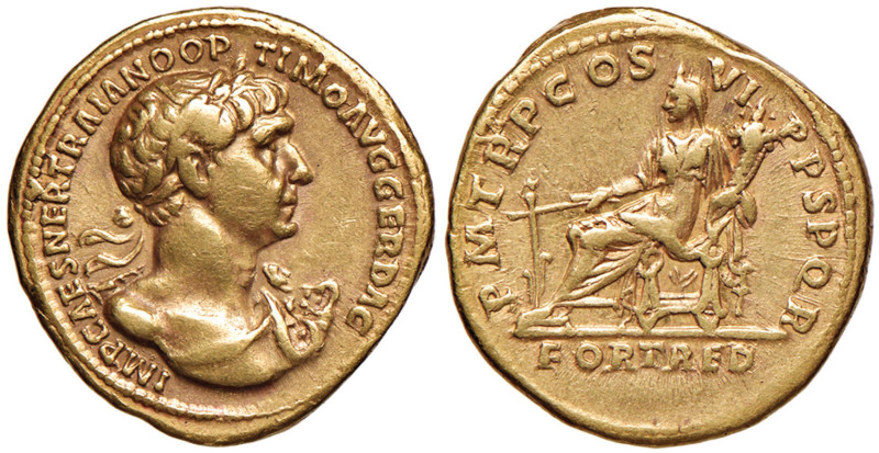 Traiano (98-117) Aureo - Busto laureato e drappeggiato a d. - R/ La Fortuna sedu...