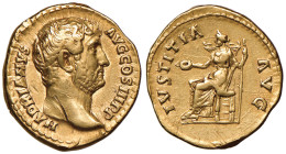 Adriano (117-138) Aureo - Testa a d. - R/ La Giustizia seduta a s. - RIC 252 AU (g 7,05) Limatura al bordo e graffi al D/
BB
