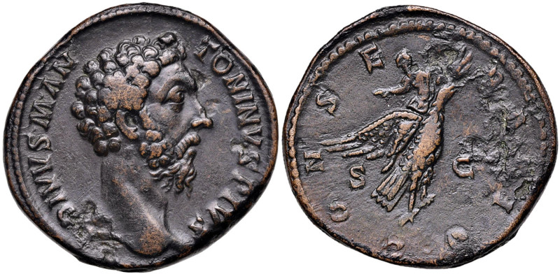 Marco Aurelio (161-180) Sesterzio - Testa nuda a d. - R/ Aquila volante a d. por...