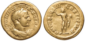 Caracalla (211-217) Aureo - Busto laureato a d. - Il Sole stante a s. - RIC 281 AU (g 6,27) RRR Da montatura. Moneta di particolare rarità col busto c...