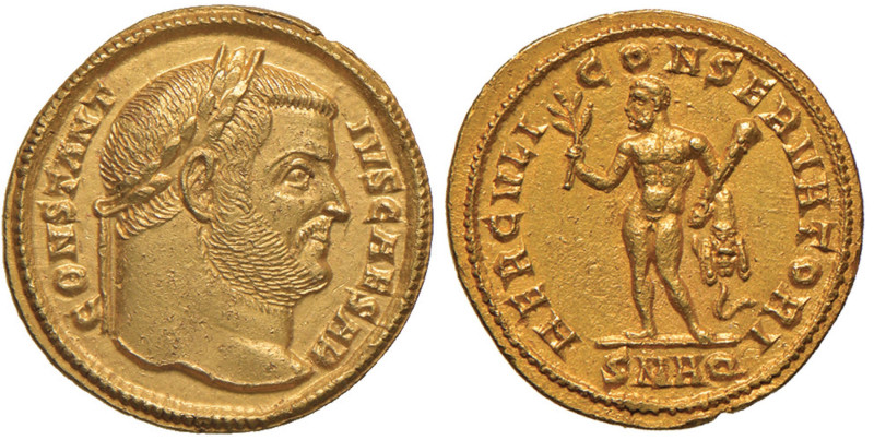 Costanzo I (293-305) Aureo (Aquileia) Testa laureata a d. - R/ Ercole stante di ...