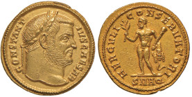 Costanzo I (293-305) Aureo (Aquileia) Testa laureata a d. - R/ Ercole stante di fronte, in esergo, SMAQ - RIC 8 AU (g 5,28) RRRR Minimi graffietti ed ...