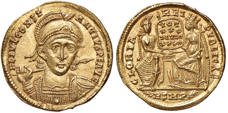 Costanzo II (337-361) Solido - Busto elmato di fronte - R/ Roma e Costantinopoli...
