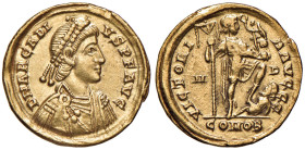 Arcadio (383-408) Solido (Mediolanum) - Busto diademato e drappeggiato a d. - L’Imperatore stante a d. con piede su prigioniero - RIC 1205 AU (g 4,42)...