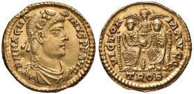 Magno Massimo (383-388) Solido (Treveri) Busto diademato a d. - R/ Gli imperatori seduti di fronte - RIC 77b AU (g 4,47) RR Striatura e graffietti al ...