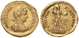 Valentiniano II (388-392) Solido (Costantinopoli) - Busto diademato e drappeggiato a d. - R/ Costantinopoli seduta di fronte - RIC 54 AU (g 4,46) Lima...