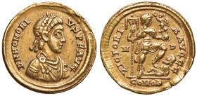 Onorio (393-423) Solido (Mediolanum) Busto a s. - R/ L’imperatore stante a d. - RIC 35 AU (g 4,42) Graffio al D/
BB