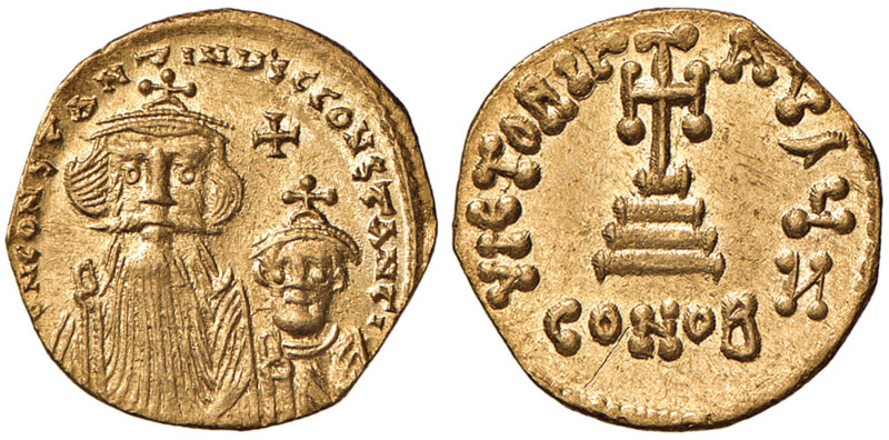 Costante II e Costantino IV (641-668) Solido 654/659 - Busti di fronte - R/ Croc...