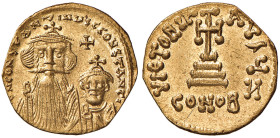 Costante II e Costantino IV (641-668) Solido 654/659 - Busti di fronte - R/ Croce potenziata, in esergo CONOB - Sear 960 AU (g 4,34) Graffio al R/
qF...