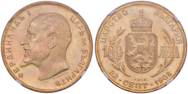 BULGARIA Ferdinando I (1887-1918) 100 Leva 1912 restrike - KM 34 AU In slab NGC ...