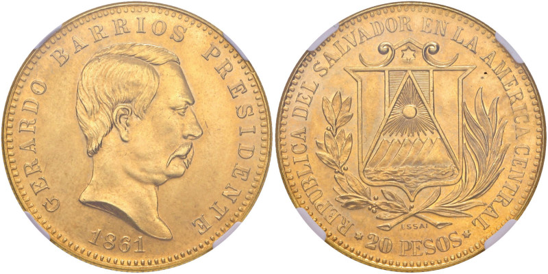 EL SALVADOR 20 Pesos 1861 (restrike 1960) - Fr. Manca AU R In slab NGC MS64 (c. ...