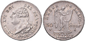 FRANCIA Luigi XVI (1774-1792) 30 Sols 1792 an 4 I - Gad. 39 AG (g 10,08)
qSPL/SPL