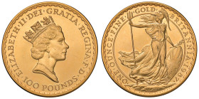 INGHILTERRA Elisabetta II (1952-2022) 100 Sterline 1987 Britannia - AU (g 34,15 - un’oncia di oro puro) Minimi graffietti al D/
FDC