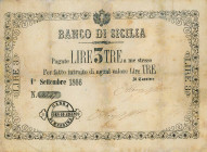 BANCONOTE Banco di Sicilia 3 Lire 01/09/1866 n°4547 Cassa di Messina oro e argento - Carta moneta italiana vol. 2 rif. S17 - Restauri
qBB