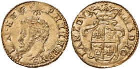 MILANO Filippo II (1556-1598) Scudo d’oro del sole - Crippa 7 AU (g 3,34) RR Un’esemplare simile MS63 in asta Heritage ha realizzato 8.500 dollari
qF...