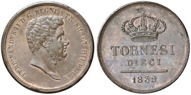 NAPOLI Ferdinando II (1830-1859) 10 Tornesi 1839 - Magliocca 674 CU (g 31,57) Piccole screpolature al bordo ma splendido esemplare
qFDC/FDC
