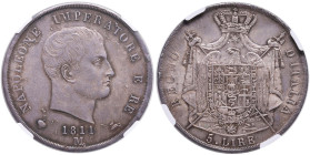 Napoleone (1805-1814) Milano - 5 Lire 1811 Puntali aguzzi, 11 su 00 - Gig. 109a AG In slab NGC MS63 5790826-010. Splendida patina
MS 63