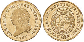 Carlo Emanuele III (1730-1773) Nuova monetazione - Mezza doppia 1766 - Nomisma 140 AU (g 4,78) RRRR Minimo graffietto al D/
BB+/SPL