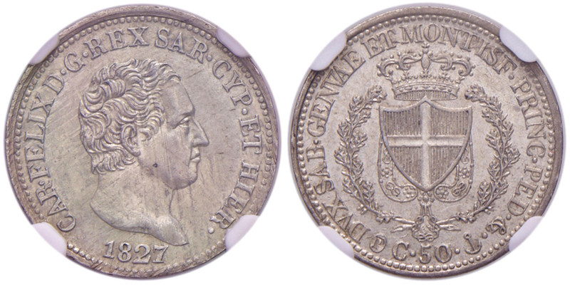 Carlo Felice (1821-1831) 50 Centesimi 1827 G - Nomisma 603 AG In slab NGC MS64 5...