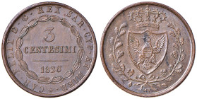 Carlo Felice (1821-1831) 3 Centesimi 1826 T - Nomisma 618 CU RRR Esemplare con bordo rigato, varietà citata da Gigante n. 110
qFDC