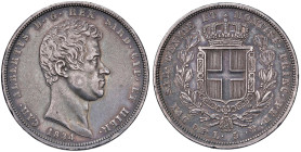 Carlo Alberto (1831-1849) 5 Lire 1834 T - Nomisma 681 AG RRR Minimi colpetti al bordo ma bell’esemplare per questo rarissimo millesimo, il più bello c...