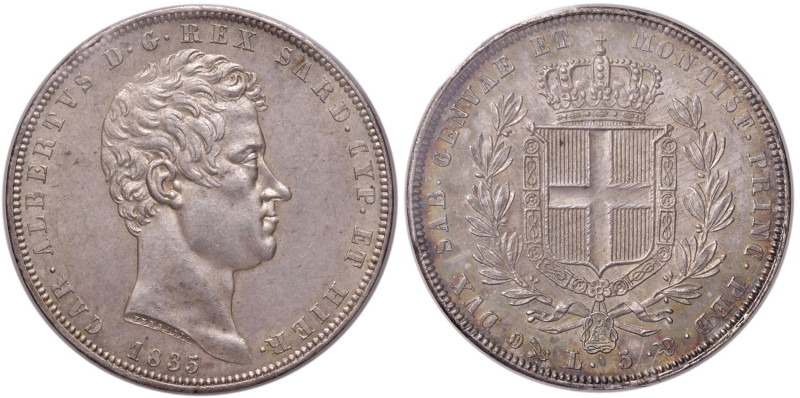 Carlo Alberto (1831-1849) 5 Lire 1835 G - Nomisma 682 AG Sigillato SPL/FDC da Gi...