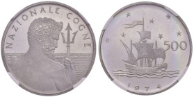Repubblica italiana (1946-) Progetto di moneta da 500 Lire 1974 Nazionale Cogne Bordo liscio - Luppino PP553 (indicato R/6) NI RRRR In slab NGC PF 67 ...