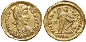 Onorio (393-423) Solido (Ravenna, circa 402-406) Busto diademato a d. - R/ L’imperatore stante a d. calpesta un nemico - RIC 1287 AU (g 4,50)
BB+