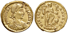 Onorio (393-423) Solido (Ravenna, circa 402-406) Busto diademato a d. - R/ L’imperatore stante a d. calpesta un nemico - RIC 1287 AU (g 4,38) Schiacci...