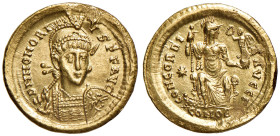 Onorio (393-423) Solido (Costantinopoli, circa 395-402) Busto elmato e con lancia e scudo di fronte - R/ Costantinopoli seduta di fronte - RIC 201 AU ...