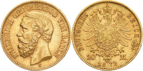 REICHSGOLDMÜNZEN BADEN
Friedrich I., 1852-1907. 20 Mark 1872 G. J. 184. Sehr schön-vorzüglich