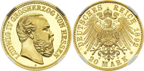 REICHSGOLDMÜNZEN HESSEN
Ludwig IV., 1877-1892. 20 Mark 1892. In US-Plastikholder der NGC mit der Bewertung PF 67 CAMEO(6630874-013) TOP POP. J. 221. ...