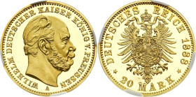 REICHSGOLDMÜNZEN PREUSSEN
Wilhelm I., 1861-1888. 20 Mark 1888 A. In US-Plastikholder der NGC mit der Bewertung PF 64 ULTRA CAMEO (6630874-014) TOP PO...