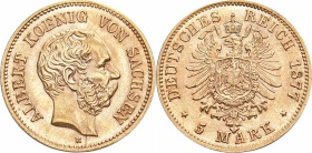 REICHSGOLDMÜNZEN SACHSEN
Albert, 1873-1902. 5 Mark 1877 E. J. 260. 2.00 g. Min. Feilspuren am Rand, vorzüglich-Stempelglanz