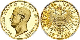 REICHSGOLDMÜNZEN WALDECK-PYRMONT
Friedrich, 1893-1918. 20 Mark 1903. In US-Plastikholder der NGC mit der Bewertung PF 64 CAMEO(6630868-004) TOP POP. ...