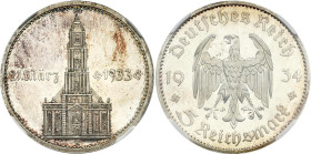 DRITTES REICH
 5 Reichsmark 1934 A. Garnisonkirche Potsdam mit 1934. In US-Plastikholder der NGC mit der Bewertung PF 65 CAMEO (6630881-011) TOP POP....