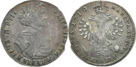 RUSSLAND GROSSFUERSTENTUM / KAISERREICH
Peter I., 1682 / 1689 - 1725. Poltina (1/2 Rubel) 1710, Münzhof Kadashevsky. Bitkin 577 (R1); Diakov 336 (R1)...