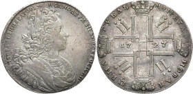 RUSSLAND GROSSFUERSTENTUM / KAISERREICH
Peter II., 1727 - 1730. Rubel 1727, St. Petersburg. Bitkin 143 (R); Dav. 1667. 27.84 g. Sehr schön-vorzüglich...