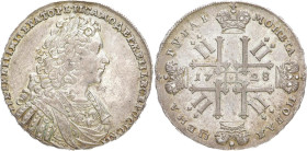 RUSSLAND GROSSFUERSTENTUM / KAISERREICH
Peter II., 1727 - 1730. Rubel 1728, Moskau, Münzhof Kadashevsky. Bitkin 57. 28.72 g. Min. berieben, sehr schö...