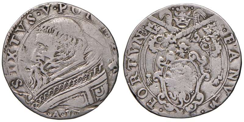 Fano. Sisto V (1585-1590). Testone (sigle A-I; Aloisio Innocenti zecchiere) AG g...