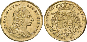 Napoli. Carlo di Borbone (1734-1759). Da 6 ducati 1753 (sigle MM-R; Domenico Maria Mazzara m.d.z. e Giovanni Russo m.d.p.) AV gr. 8,84. P.R. 5. MIR 33...