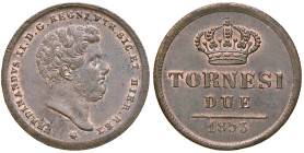 Napoli. Ferdinando II di Borbone (1830-1859). Da 2 tornesi 1853 CU. Pagani 407a. P.R. 255. MIR 528/9. Magliocca 741. Iridescenze rosse, q.FDC